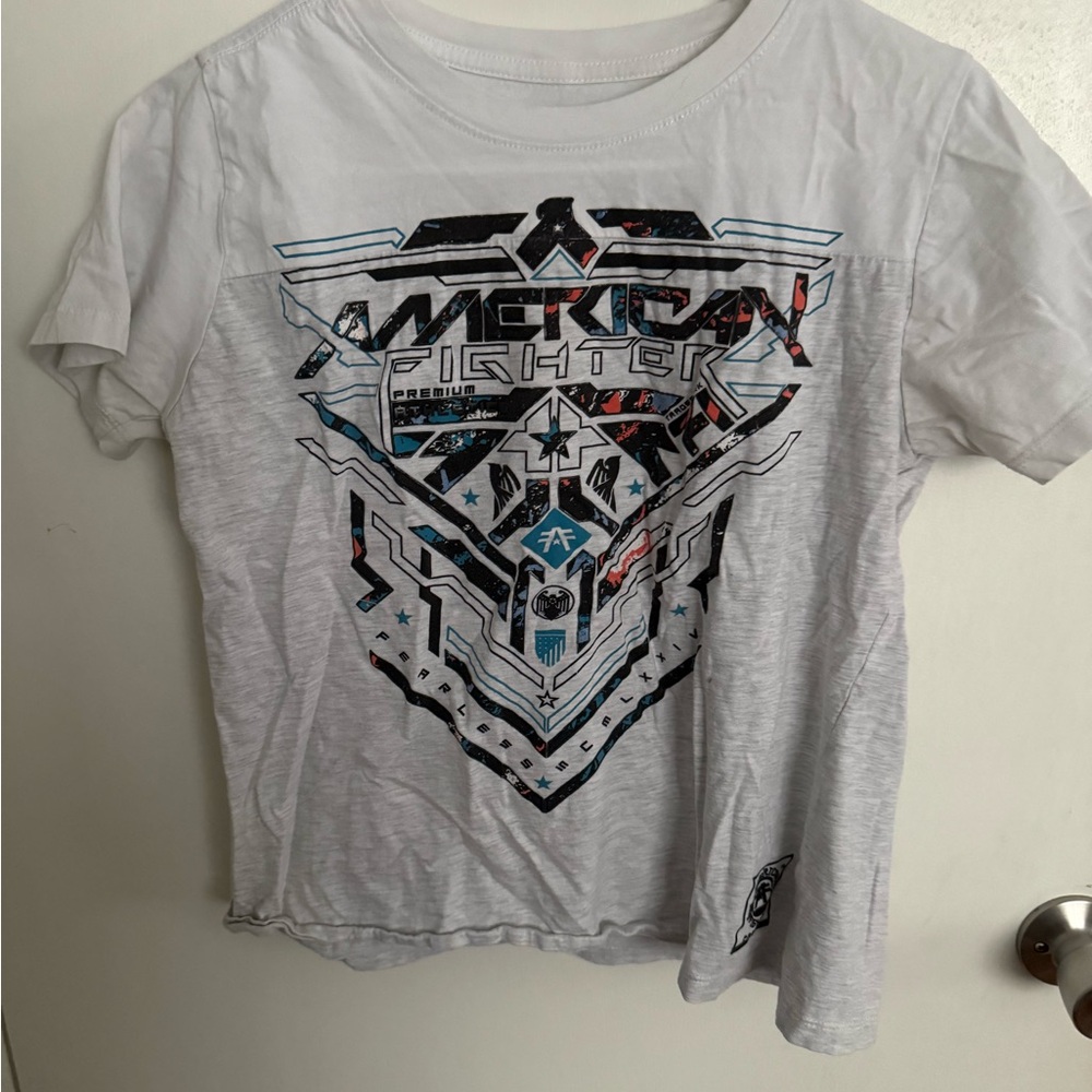 American Fighter White Tee with Black and Blue Graphics